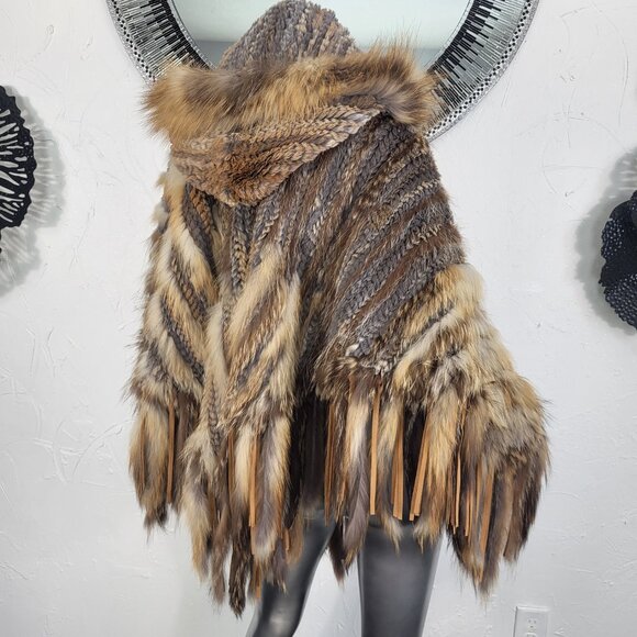 ALBERTO MAKALI~VINTAGE BROWN GENUINE FOX FUR REAL RABBIT HOODED PONCHO CAPE COAT - Picture 13 of 16